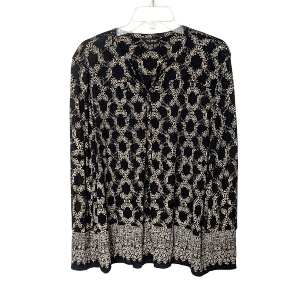 Lucky Brand Black Tan Geometric Patterned Henley‎ Button Popover Blouse Size XL